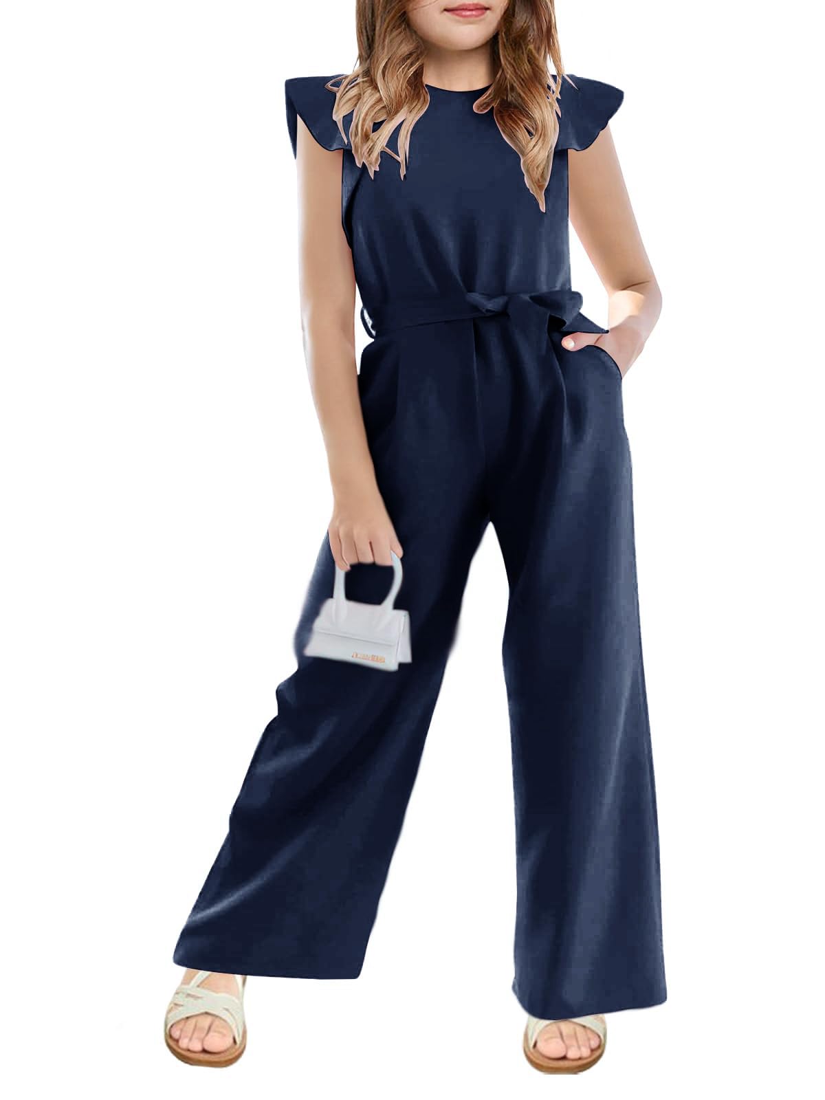CharmWM Girls Casual Jumpsuit Kids Fashion Cap Sleeve Belted Wide Leg Romper One Piece Outfits with Pockets