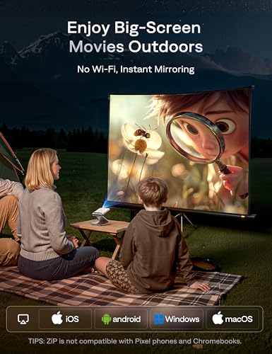 Image of Aurzen ZIP Tri-Fold DLP Mini Projector + CastPlay Pro Dongle, Zero-Lag Focus, Screen Mirroring,Full-Screen Mode,Type-C Fast Charging,5000mAh Battery,Bluetooth,Portable Projector for Cookie, Art, White
