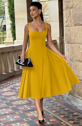 Image of Memoriesea Women's Elegant Square Neck Swing A Line Wedding Evening Party Midi Dress