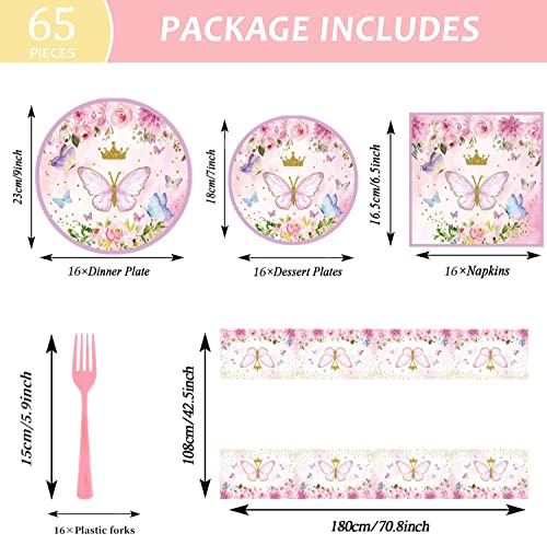 65 Pcs Butterfly Party Supplies Purple Butterfly Pink Rose Flowers Themed Tableware Set Spring Baby Shower Girls Butterfly Fairy Birthday Party Decorations,Serves 16 #TOP1