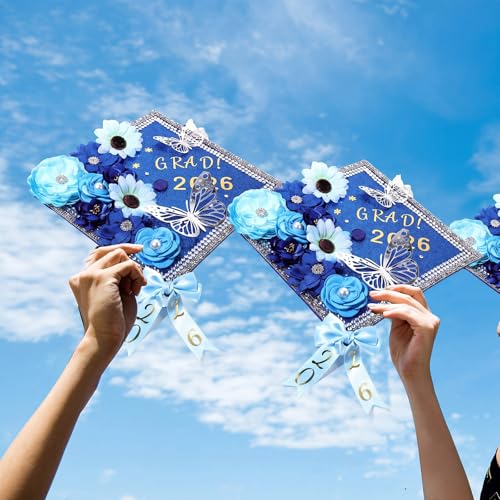Wavwavw 62 Pcs DIY Graduation Cap Decorations Kit Include Faux Flowers 3D Butterfly Bow Self Adhesive Rhinestones and Alphabet Letter Stickers for 2026 Grad Cap Topper Decor Graduation Party(Blue) by Wavwavw - Image 5