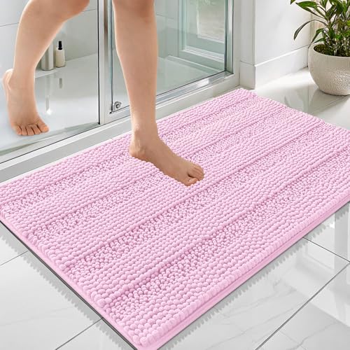 Image of OLANLY Thick Bathroom Rugs 36x24, Extra Soft Absorbent Chenille Striped Bath Rugs, Rubber Backing, Machine Wash Dry, Bath Mats for Bathroom Floor, Tub and Shower, Home Decor Accessories, Pink