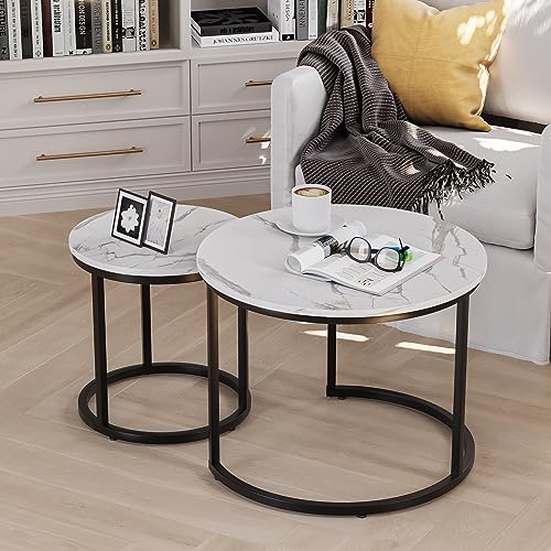 Smuxee White Nesting Coffee Table Set of 2, 23.6" Round Coffee Table Wood Grain Top with Adjustable Non-Slip Feet, Industrial End Table Side Tables for Living Room Bedroom Balcony Yard by Smuxee - Image 2