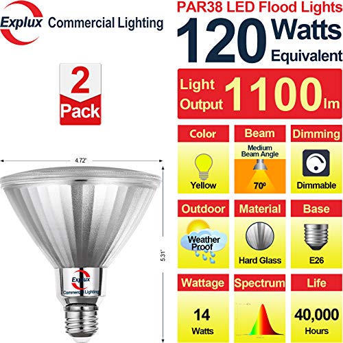 Explux LED Bug Light Bulbs, PAR38 Yellow Flood Light, 120W Equivalent, Full Glass Outdoor Weatherproof & Anti-Ageing, Dimmable, Yellow Color Light, 2-Pack