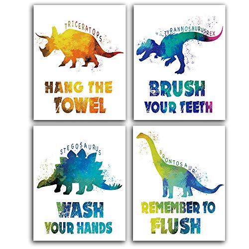 CHIEN-CHI LILI Wash Your Hands Dinosaur Bathroom Art Prints Set of 4(8”X10”), Motivational Quote Bathroom Room Decor for Kids Girls Boys Daughter Son Nephew, Dinosaur Wall Art Poster for Nursery Bathroom Toilet Restroom Unframed