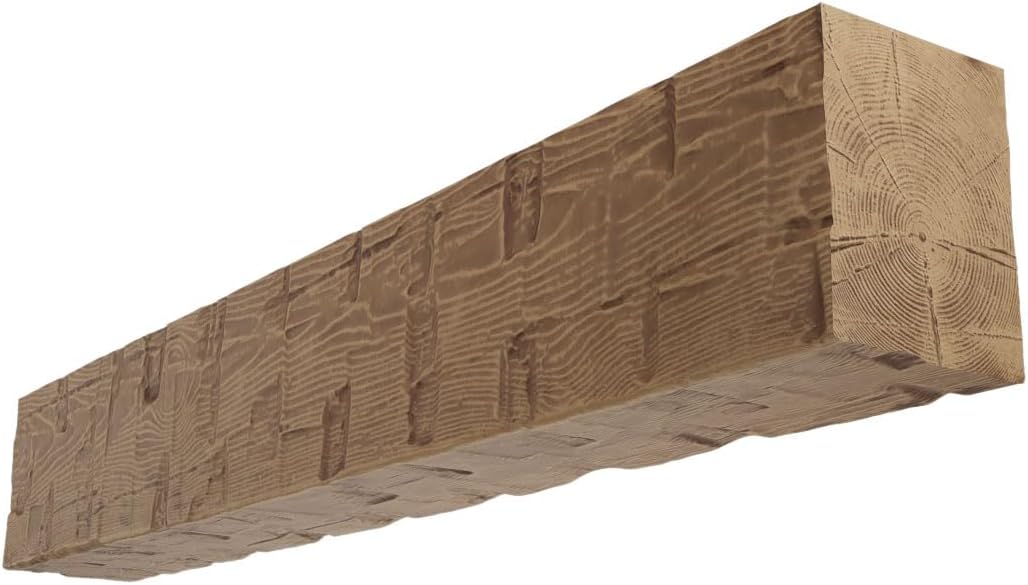 Ekena Millwork 8"H x 6"D x 84"W Reclaimed Axed Cut Heritage Timber Faux Wood Fireplace Mantel, Warm Caramel