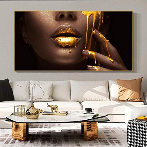 Art mural visage de femme africaine lèvres dorées affiche d'art grand format