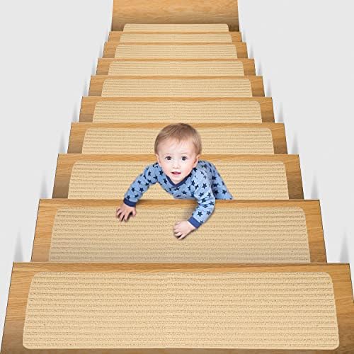 MBIGM 8" X 30" (15 in Pack) Non-Slip Carpet Stair Treads Non-Skid Safety Rug Slip Resistant Indoor Runner for Kids Elders and Pets with Reusable Adhesive, Beige,