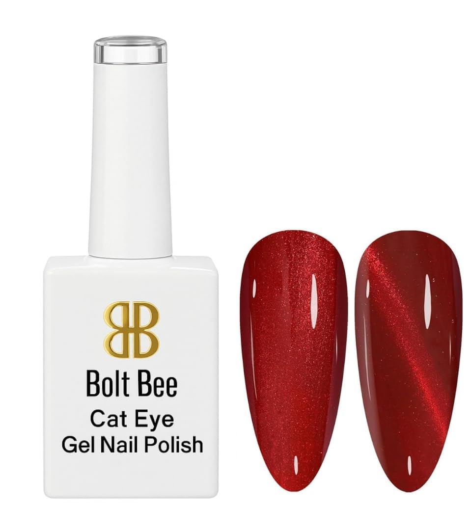 Bolt Bee Professional Cat Eye Gel Nail Polish Magnetic Cat Eye Effect, Soak Off UV & LED Gel, Long-Lasting Glitter Nail Polish for Salon & Home Use (Red, 9ml)
