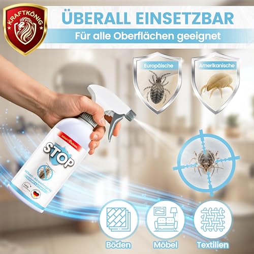 KRAFTKÖNIG PREMIUM Milbenspray - Sofort + Effektiv Formel - 500ML Milbenspray für Matratzen - Anti Milben Spray bei Hausstaubmilben mit Tipps, um Hausstaubmilben bekämpfen zu können für Allergiker