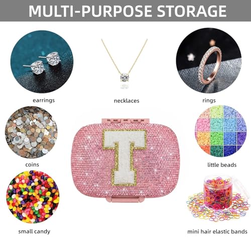 Image of Cute Pill Organizer Small Bling Pill Case for Purse Medicine Vitamin Container Holder Daily Pill Box Container for Women Travel Medicine Kit(Letter T Pink)