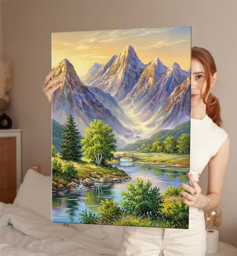 Image of ArtX Mountain Canvas Painting for Wall Decoration, Mountain Painting Vastu, River Valley Nature Wall Art, Gallery Wrapped for Living Room, Bedroom, Office Decor, 45 x 58 cm