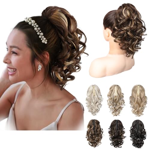 REECHO Ponytail Extension, 12" Classic Loose Curly Wavy Claw Clip Ponytail Wig Extensions Hairpieces for Women - Chestnut Brown with Highlights