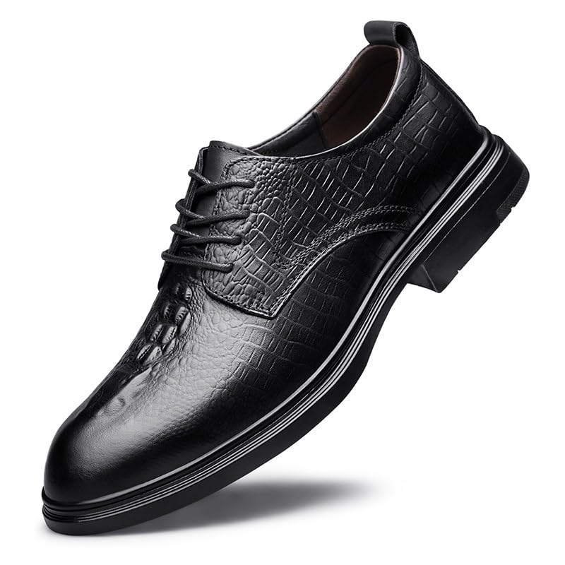 Dress Oxford for Men Lace Up Round Toe Crocodile Print Solid Color Derby Shoes Non Slip Rubber Sole Low Top Block Heel Classic(Black,8)