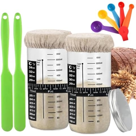 2 Pack Sourdough Starter Jar,Sourdough Starter Kit with Date Marked Feeding Band,Thermometer,Cloth Cover & Metal Lid,Sourdough Bread Baking Supplies,DIY Homemade Baking Supplies Cover