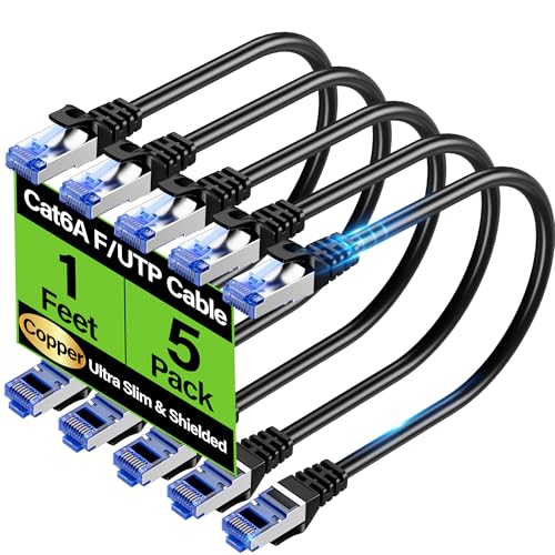 Cat6A Ethernet Cable Shielded 10Gbps 1 ft (5 Pack) Slim Shielded (F/UTP) Ethernet Cable Cat 6 Flexible 28AWG Bare Copper Cat6 Cable Space-saving Cat 6a Network Cable for Server Data Center Black