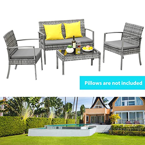 4 Piece Rattan Garden Furniture Set Patio Outdoor Rattan Table and Chairs, w/Comfortable Cushion, Double Sofa and 2 Armchairs, Tempered Glass Table - Image 3