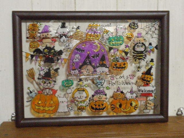 NO.A78ステンドグラス風 A4サイズ 猫 ハロウィン パーティー 着ぐるみ 黒猫 ハンドメイド インテリア 飾り イラスト 雑貨