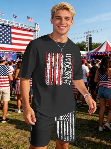 Image of Ithalt Patriotic Shirts for Men 4th of July Outfit 2 Piece Set Short Sleeve and Shorts American Flag 250th Anniversary