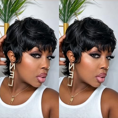 PurpleSexy Mullet Pixie Cut Human Hair Wig for Women Shaggy Wolf Cut Pixie Cut Style with Bangs Short Layered Pixie Wigs Natural Black Color Glueless Full Machine Made Wig