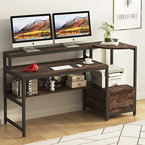 Tribesigns Computer Desk with Hutch and Storage Shelves, 63â€ Industrial Home Office Desk with Monitor Stand File Drawer Writing Table Workstation for Home Office (Rustic Brown)