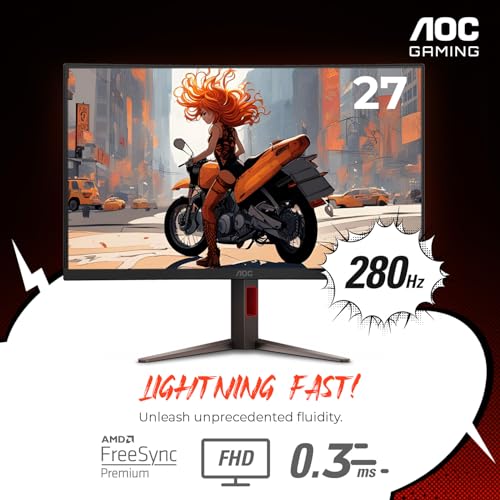 undefined AOC C27G4ZH 27" Curved Frameless Ultra-Fast Gaming Monitor, FHD 1080p, 0.3ms 280Hz, HDMI/DP, Height Adjustable, 3-Year Zero Dead Pixel Guarantee, Black, Xbox PS5 Switch Compatible の商品画像 1