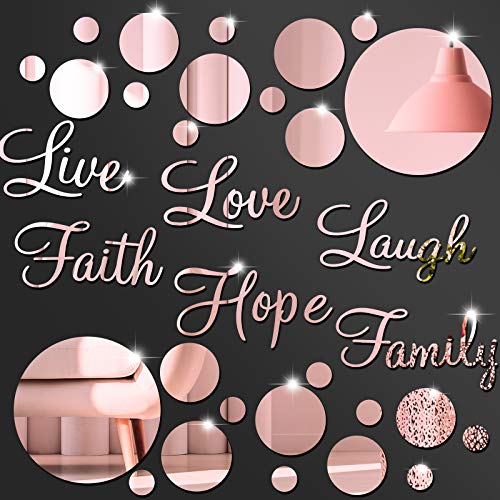 Zonon 3D Acrylic Mirror Wall Decor Stickers 6 Word DIY Faith Live Laugh Hope Love Family Mirror Wall Decor 26 Solid Circle Stickers for Home Bedroom Office(Rose Gold) by Zonon - Used condition - US$5.92