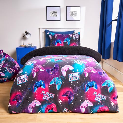 OHS Double Fleece Duvet Cover, Autumn Winter Stylish Gaming Bedding Set for Boys Girls Super Soft Warm Cosy Sherpa Reversible Double Duvet Set with Pillowcases, Neon