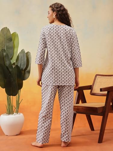 Image of Clovia Women's Cotton Floral Printed Kurta Style Top & Pyjama Nightsuit Set