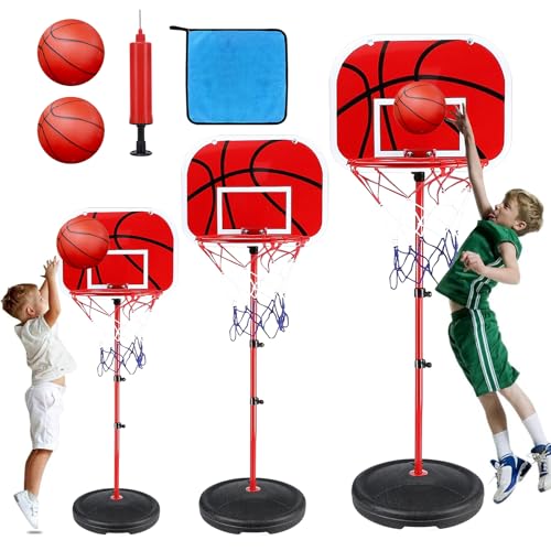 Canasta Baloncesto Infantil, Canasta Baloncesto Exterior con 2 Pelotas Baloncesto y 1 Bomba Aire 1 Trapo, para 3 4 5 6 7 8 Años Niño, Altura Ajustable Canasta Baloncesto, para Interiores y Exteriores