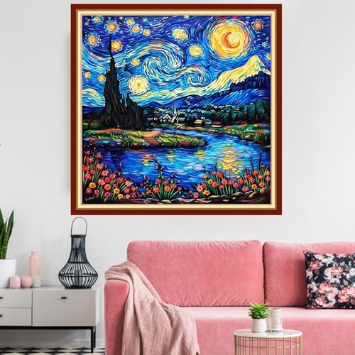 Image of Redxing Stamped Cross Stitch Kits Embroidery kit for Beginners Adults Full Range of Embroidery Patterns Starter Kits DIY Printed Cross Stitch Kits Needlepoint Kits 11CT-Starry Night 18x18 inchs