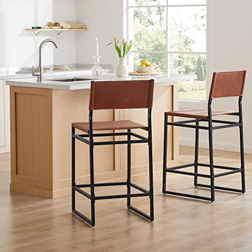Watson & Whitely Faux Leather Counter Height Bar Stools Set Of 2, Sling Armless Kitchen Barstools With Back And Metal Frame, 24" H Seat Height Counter Chairs, Brown #TOP1