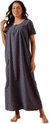 Clovia Women's Cotton Printed Long Maxi Night Dress