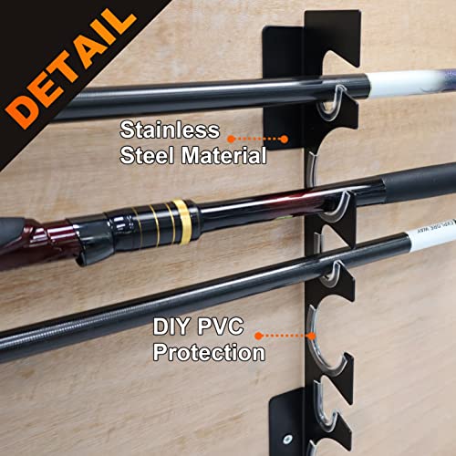 Vhelyom Fishing Rod Rack Holder| Wall Storage Rack For Fishing| Fishing Pole Rack On Wall| Heavy Duty Metal Fishing Pole Rack| Holds Up To 12 Rods For Garage, Cabin, Basement| 4 Pieces Black Rack #TOP5