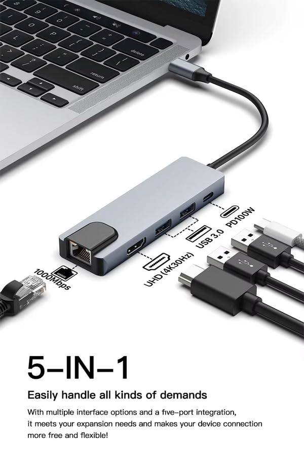 Image of 𝟏𝟓 𝐘𝐄𝐀𝐑𝐒 𝐖𝐀𝐑𝐑𝐀𝐍𝐓𝐘 New Version USB-C Hub, 5-in-1 Multiport Adapter with HDMI, USB 3.0 Ports, RJ45 Ethernet, Space Grey Aluminium Docking Station