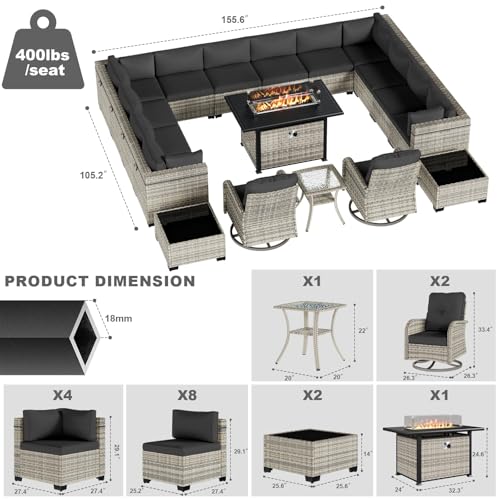 Image of 18-Piece Patio Furniture Set, Outdoor Patio Furniture with 55,000 BTU Fire Pit Table, Swivel Chairs Set, Thick Cushions, Modular Patio Sofa, Dual-Strand Wicker Rattan, Rust-Resistant Frame,Black