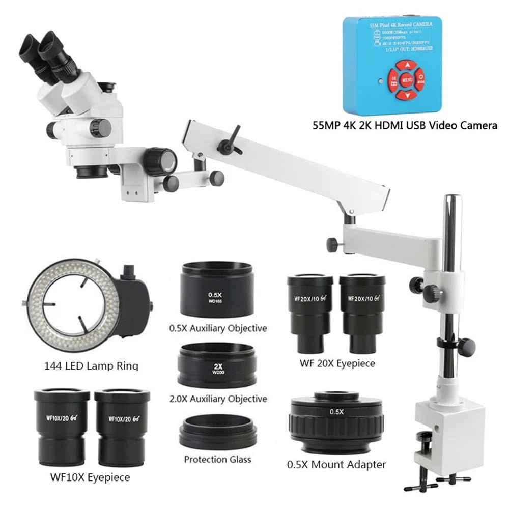 Microscope 3.5X-180X Simul Focal Trinocular Microscope 55MP 4K 1080P HDMI USB Camera Articulating Arm Pillar Clamp