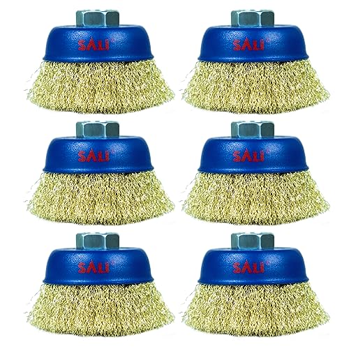 SALI 6 Pack Wire Cup Brush, 3 Inch Coarse Crimped Cup Brush for Grinders, with 5/8 Inch Arbor for Heavy Cleaning Rust, Stripping and Abrasive, for Angle Grinder
