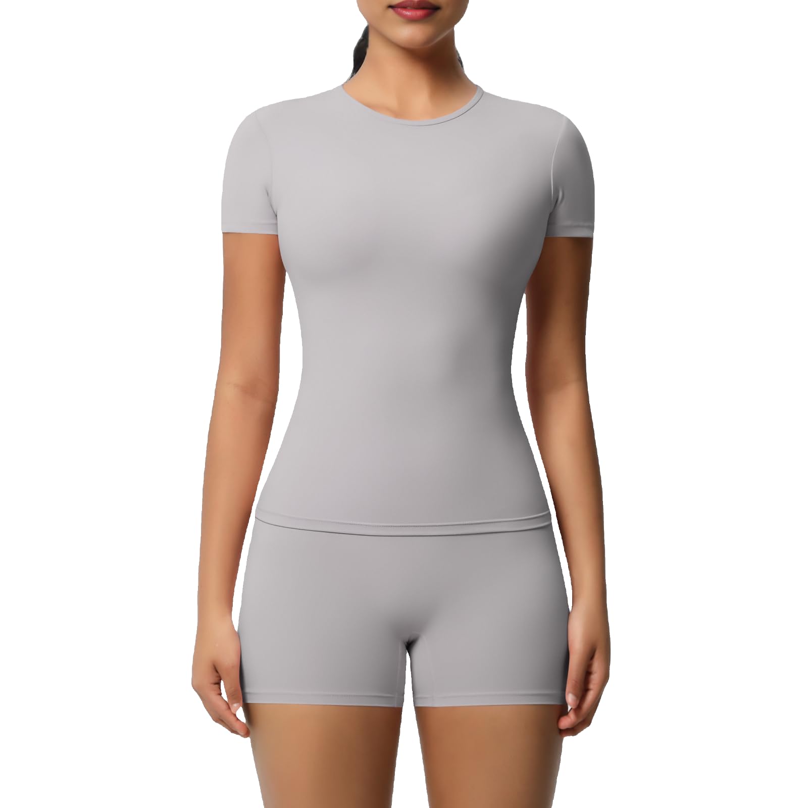 Womens 2 Piece Workout Set Short Sleeve T-Shirt High Waist Shorts Activewear for Yoga Gym Running