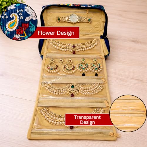 Image of Trendifly Embroidery Sling Jewellery Organiser Storage Bag Pouch for women & girls | Bank Locker jewelry Organizer | Earring Necklace Bangles Organiser for Travel & Gifting (Jaipuri Blue)