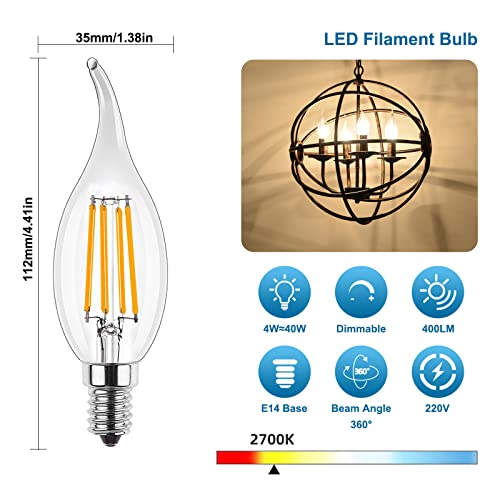 ProCrus E14 LED Dimmable Candle Light Bulbs,4W Candle Shape for Chandeliers,2700K Warm White Light Bulb,Small Edison Screw Candelabra SES LED Bulb,C35 Light Bulb,Equivalent 40 Watt,Pack of 6 - Image 2