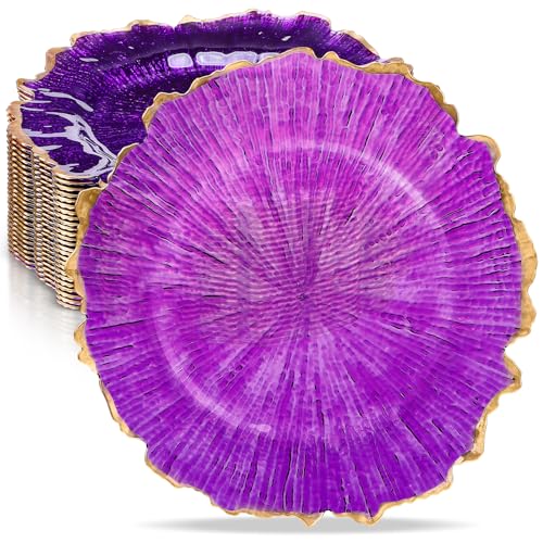 Didaey 25 Pack 13 Inch Charger Plates Bulk Plastic Charger Plates Round Decorative Charger Plates for Home Kitchen Holiday Wedding Party Catering Event Dinner Tabletop Decoration (Purple Gold)