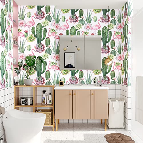 Veelike Flamingos Cactus Wallpaper 17.7''X118'' Tropical Green Succulent Floral Peel And Stick Wallpaper For Nursery Wall Decor Removable Wallpaper Self Adhesive Contact Paper For Bedroom Cabinets #TOP4