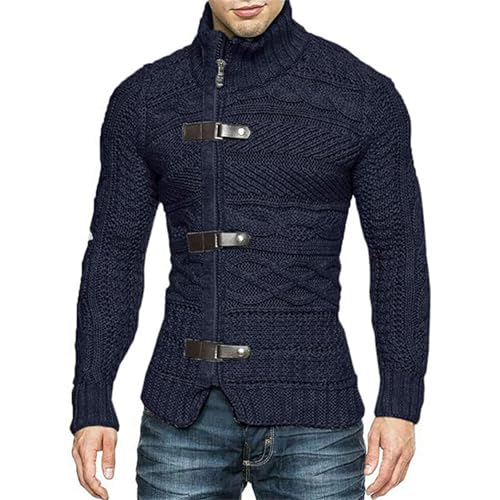 Men’s Cable Knitted Sweaters Turtleneck Zipper Button Sweater Long Sleeve Cardigan Soft Fit Plain Warm New Tops
