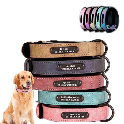 Custom Dog Collars,Reflective Leather Dog Collar Personalized Engrave Nameplate Adjustable Sizes for Small Medium Large Dog（Pink,M）