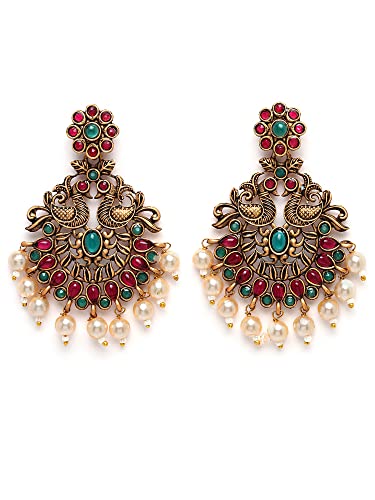 Karatcart Antique Gold Plated Red and Green Kundan Studded Dangler Earrings for Women - Image 5
