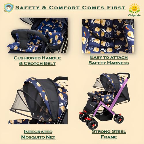 Image of Ezy Go+ Baby Stroller Pram with Mosquito Net | Reversible Handle, Full Recline & Foldable | All-Terrain 360Swivel Wheels, Safety Harness, Large Storage Basket | Thick Cushion Seats for Newborns to Toddlers 0-3 years (N. Blue -Teddy)