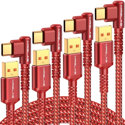 Image of MRGLAS 3.2A USB C Charger Cable,[4-Pack,10+6.6+3.3+1.6FT] USB A to USB C Right Angle Gold-Plated Type C Charger Fast Charging Durable Braided Cord for iPhone 17 16 15 Samsung S10 Note 10 S21 LG-Red