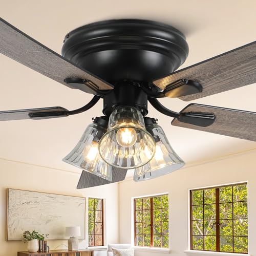 52 Inch Flush Mount Farmhouse Ceiling Fans with Lights and Remote Control, 5 Reversible Blades Low Profile Ceiling Fan with Crystal Light 6 Speeds 3 Timing for Living Room Bedroom Kitchen