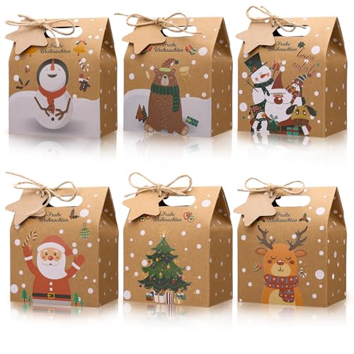 GWHOLE 24 Stück Geschenktüten Weihnachten Papiertüten Weihnachtsgeschenkbox Papier Klein Geschenkboxen mit Griff Weihnachtsverpackung Tüten zum Befüllen Kekstüten Plätzchentüten für Weihnachten Party